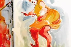 Nichola Hope:  Hen, watercolour of performance 2019 The Cunning Little Vixen